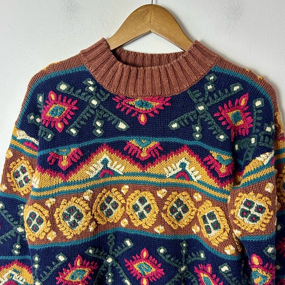 Vintage Paul Harris Brown Navy Boho Folk Tapestry Knit Sweater Small Indie 90s - Picture 3 of 9